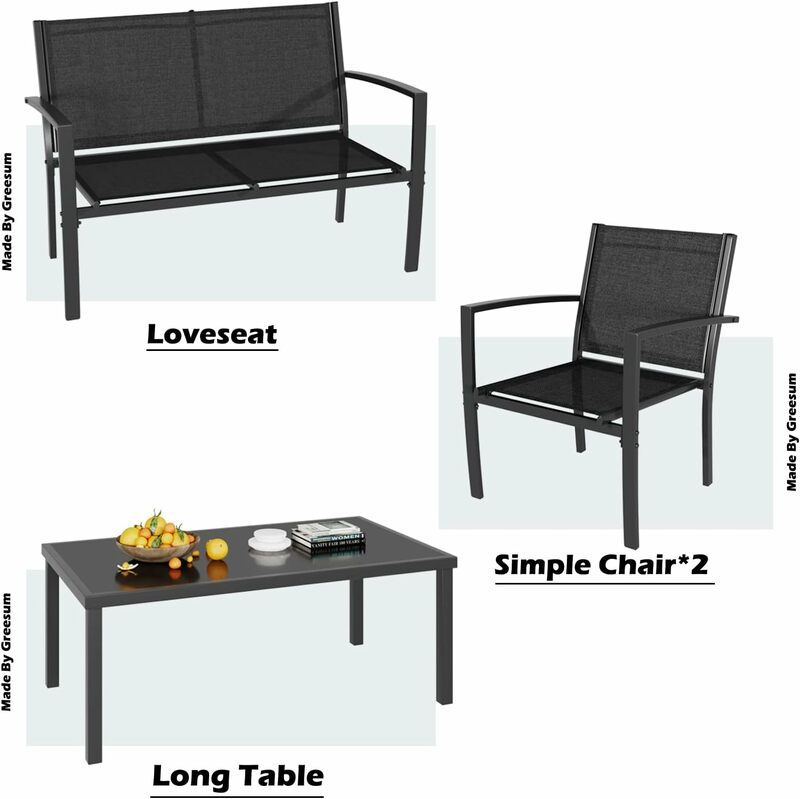 Greesum Set di 4 mobili da giardino, Set di conversazione all'aperto per Patio, prato, giardino, bordo piscina con un tavolino in vetro,
