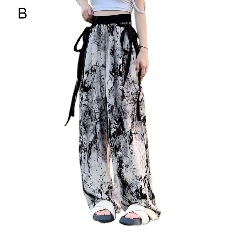 Calça feminina de perna larga com estampa de estilo chinês, chiffon de bambu, decoração flâmula, verão