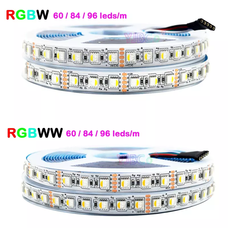 Tira de luces LED de alto brillo, cinta flexible, 4 colores en 1, SMD5050, RGBW/RGBWW, 60/84/96LED/m, cc 12V, 24V, IP30/65/IP67