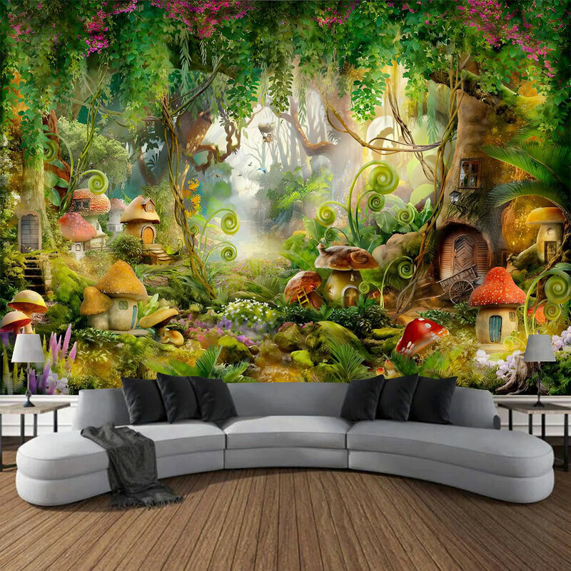 Tapiz de Casa de setas de bosque de fantasía, arte colgante de pared, Fondo de pared, dormitorio, sala de estar, decoración del hogar