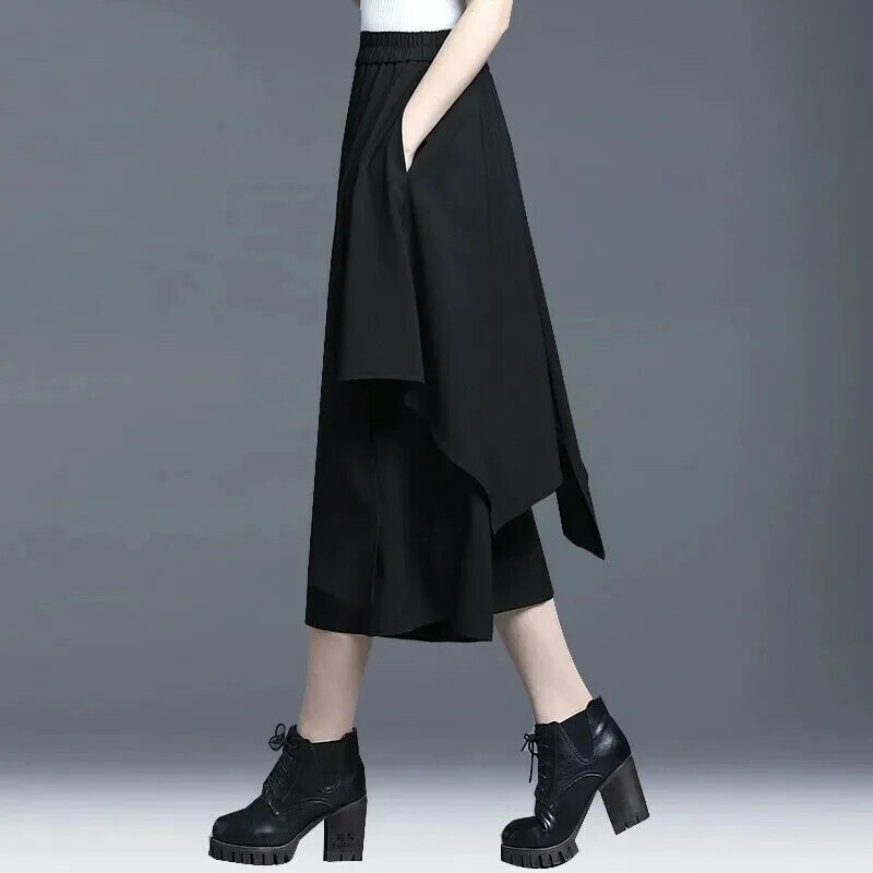 Черные широкие брюки с эластичным поясом, новинка весны и лета, повседневные брюки в стиле ретро, женские свободные облегающие укороченные брюки, юбка