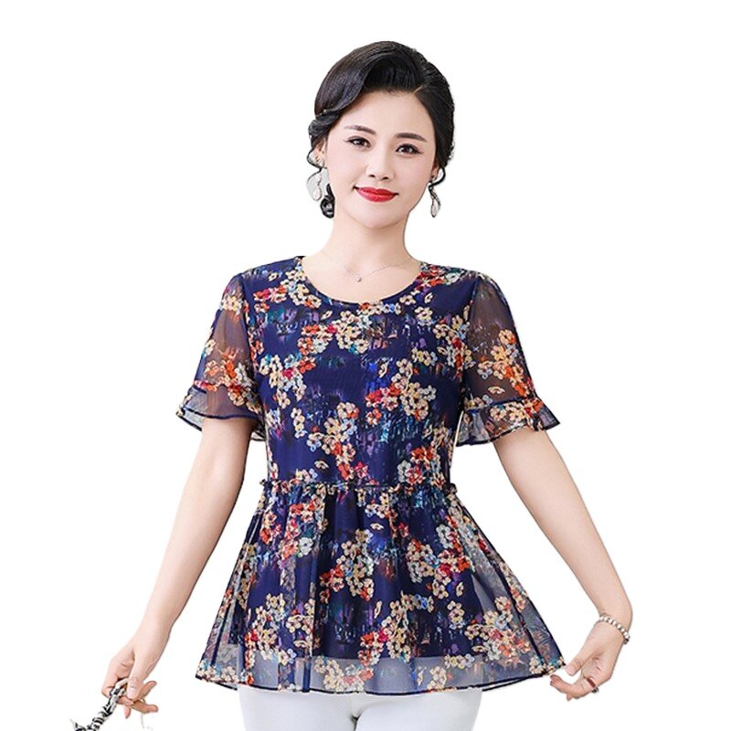 Floral Print Chiffon Casual Loose Thin O-Neck Women's Blouse Shirt Short Sleeve Pullover Blouses Summer Spring