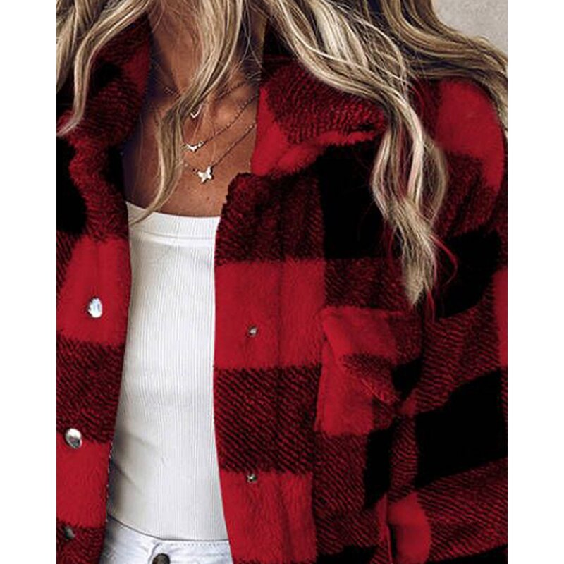 Manteau en peluche à carreaux pour femmes, vestes à col rabattu, conception de poche, style coréen, sourire, Y2K, décontracté, automne, hiver