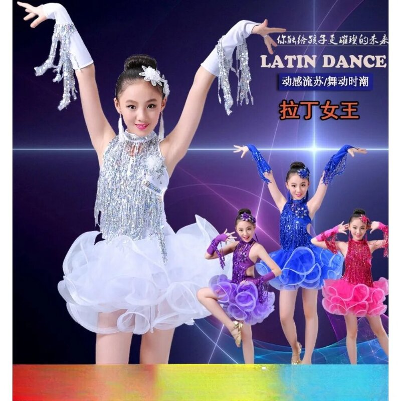 ازياء الرقص اللاتينية مطرزة للأطفال ، تنورة مع شرابة للفتيات ، السالسا والرقص ، أداء زي المنافسة