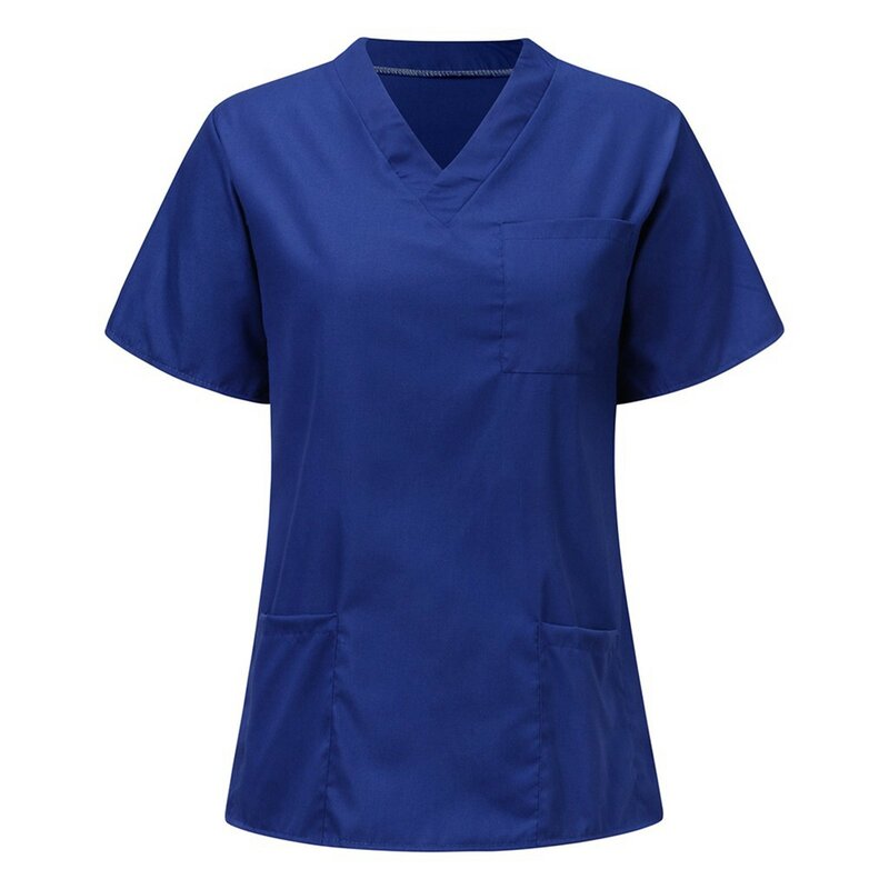 Mulheres Multi Bolso Enfermagem Scrubs Top, Top de manga curta, Uniforme de Enfermeira Decote V, Clínica Médica Operating Room Tops