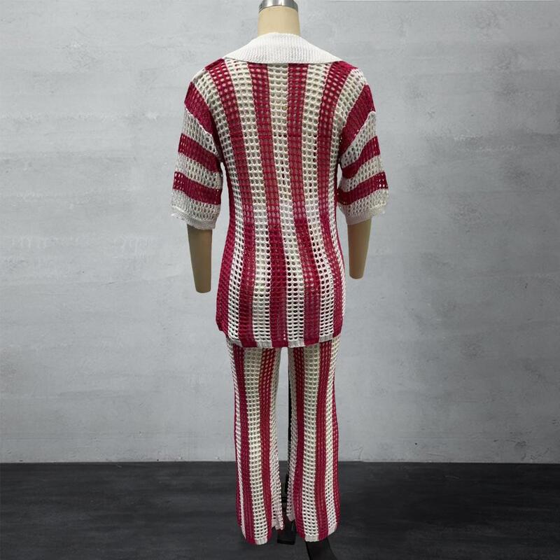 Colour-Blocking-Top-Hosen-Set Hohl strick kleidung Stilvolle Damen-Strick hemdhose mit ausgehöhltem V-Ausschnitt für den Sommer