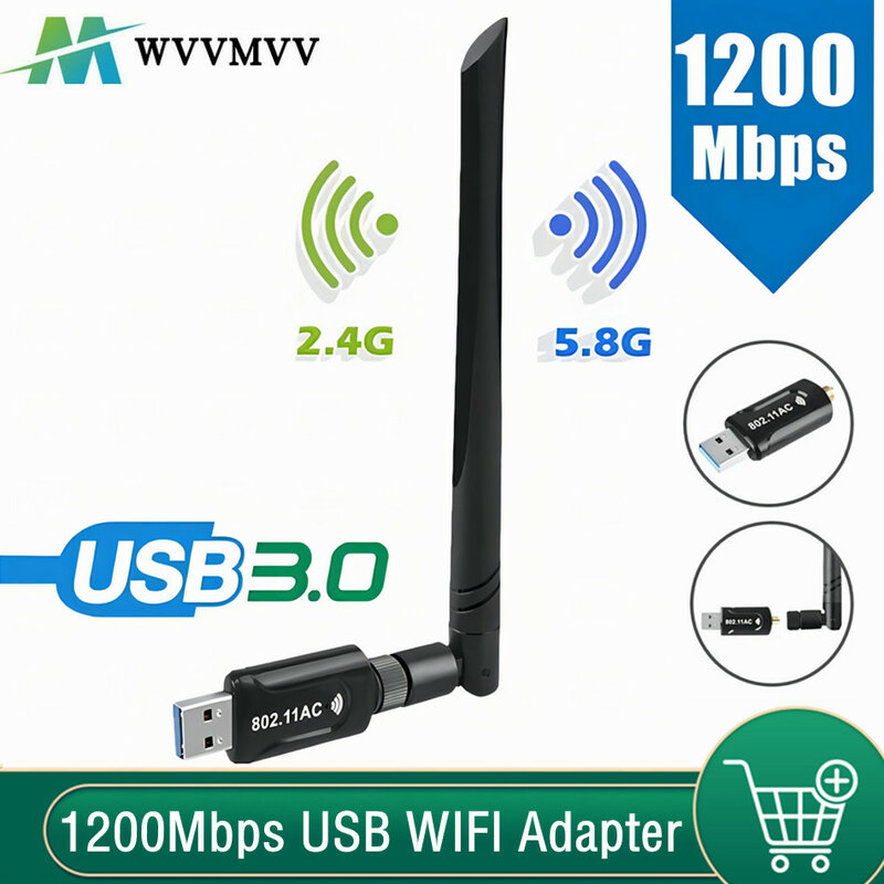 WvvMvv 1200Mbps Wireless USB 3.0 WiFi Adapter Receiver Dual Band 5G & 2.4G 5dBi Antenna WI-FI Key USB Adapter For Windows PC Mac