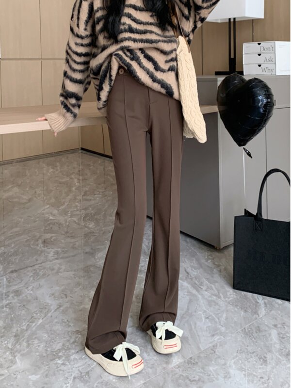Micro-flare feminino, cintura alta, perna larga, calça casual drapeado, emagrecedora, design de piso, primavera