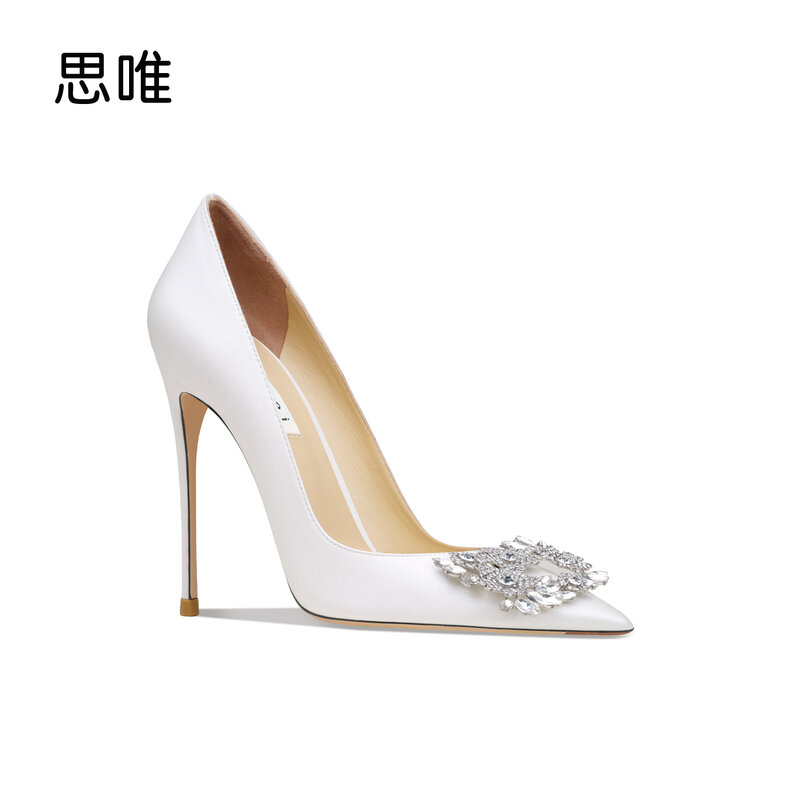 Sapatos femininos de superfície acetinada com strass, salto alto pontiagudos, confortável e elegante, casamento, marca de luxo, 6cm, 8cm, 10cm