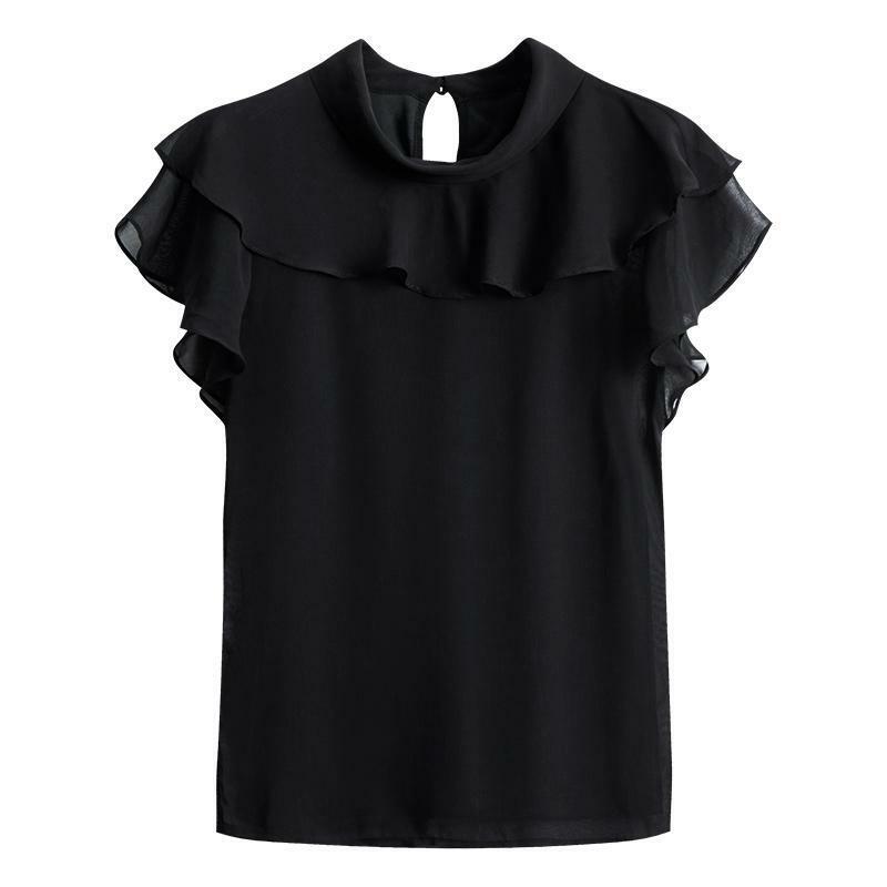 Элегантная шифоновая блузка с воротником-стойкой, оборками и рукавом-бабочкой, женская одежда 2024, летние свободные универсальные топы, офисные женские рубашки