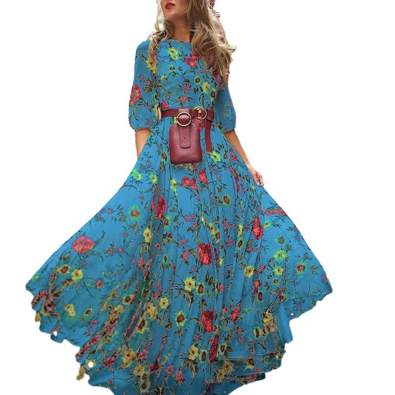 Vestido longo com estampa floral feminino, Linha A, Balanço grande, Cintura alta, vestido de noite, meia manga, macio, elegante