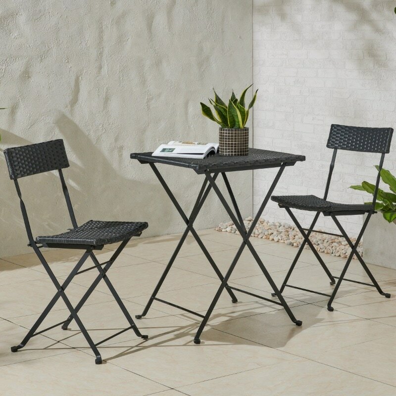 Ensemble de bistrot pliant Lavish Home, table et chaises de café en acier et bois de rotin, noir, 3 pièces