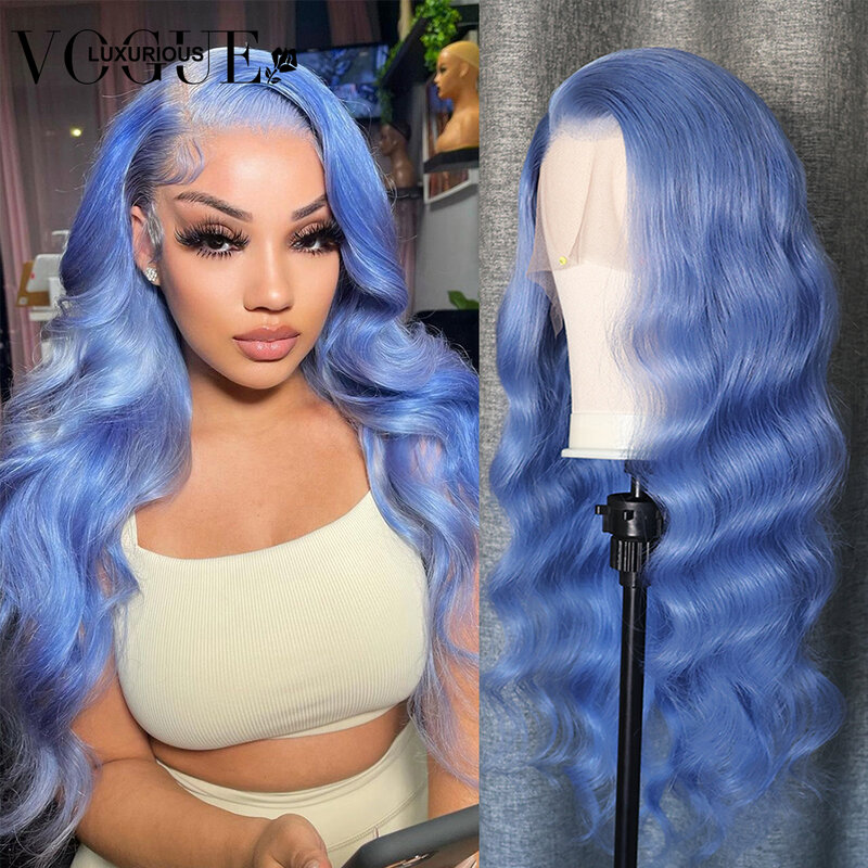Wig rambut manusia berwarna biru muda 13X4 transparan renda depan Wig rambut manusia tanpa lem Wig Frontal Remy Brasil pra dipetik dijual