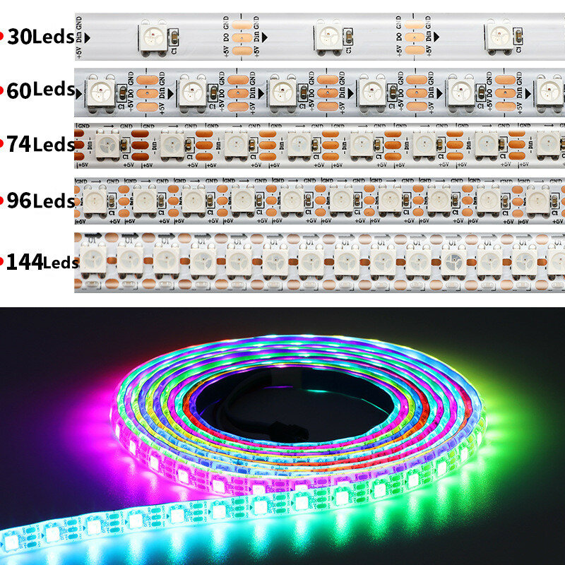 Tira de luces led a todo color, cinta de lámparas de neón, píxeles inteligentes, IP30/IP65/IP67, DC5V, WS2812b, 1m/5m, 30/60/144led/m, WS2811IC