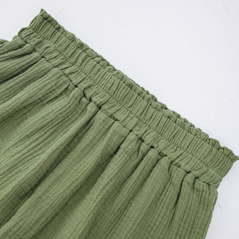 Conjuntos de muselina de gasa 100% algodón para mujer, camisas de manga larga y pantalones cortos sueltos de cintura alta, conjunto femenino, 2 piezas