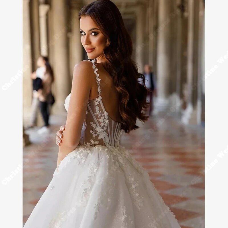 Koronkowe tiulowe suknie ślubne damskie z nadrukiem kwiatowym suknia ślubna z tiulu zaręczynowa księżniczka Vestido De Novia Estilo Boho Chic