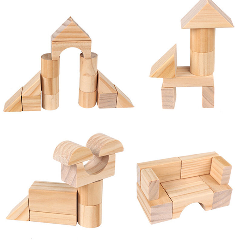 100 Pcs Wooden Building Blocks Educational Block Wood Toy Kids Construction Games for Children Expression Puzzle Stacking Toys
