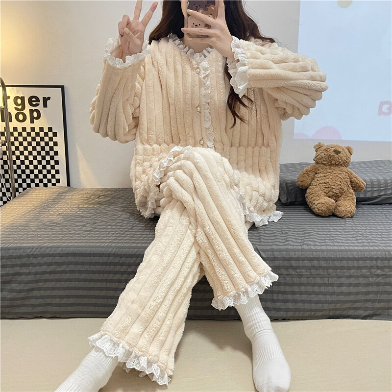 Winter thickened 260g flannel cut flower strip pajamas women's cardigan ruffled coral velvet sweet beauty student home clothes