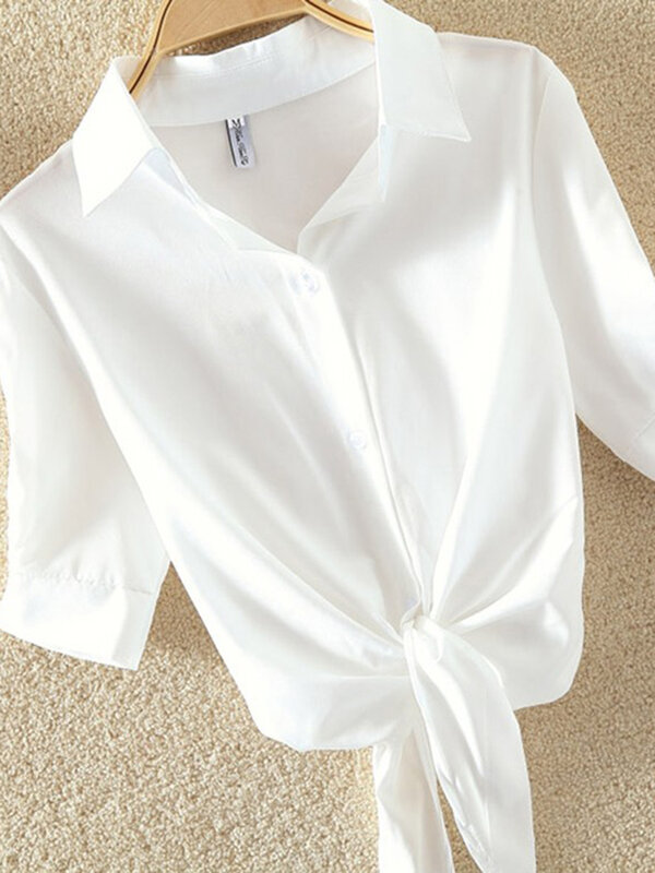 بلوزة قصيرة الأكمام للنساء ، قميص غير رسمي ، أبيض ، موضة جديدة ، الصيف ، قمم شيفون