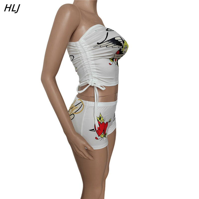 HLJ-Conjunto de dos piezas con estampado de grafiti Y2K para mujer, Top corto sin mangas con hombros descubiertos y pantalones cortos, ropa de calle