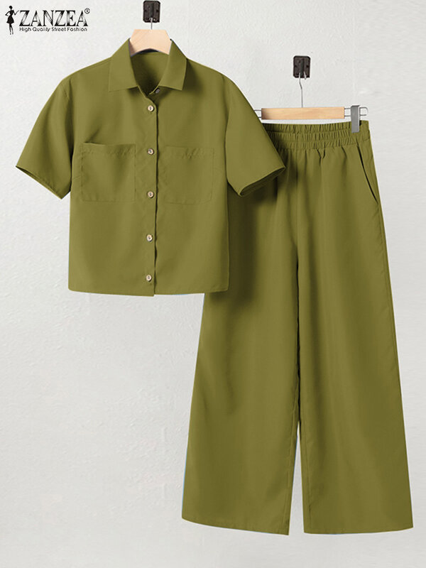 ZANZEA 여성용 반팔 셔츠 바지 세트, 2024 패션 도시 운동복, 캐주얼 단색, 와이드 레그 바지, 여름, 2 개