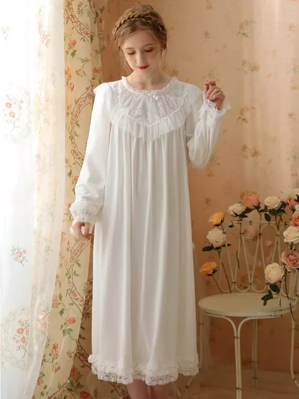 Victorian Princess Pajama Night Dresses Women Spring Cotton Vintage Long Sleeve Nightgowns Sweet Fairy Loose Fairy Sleepwear