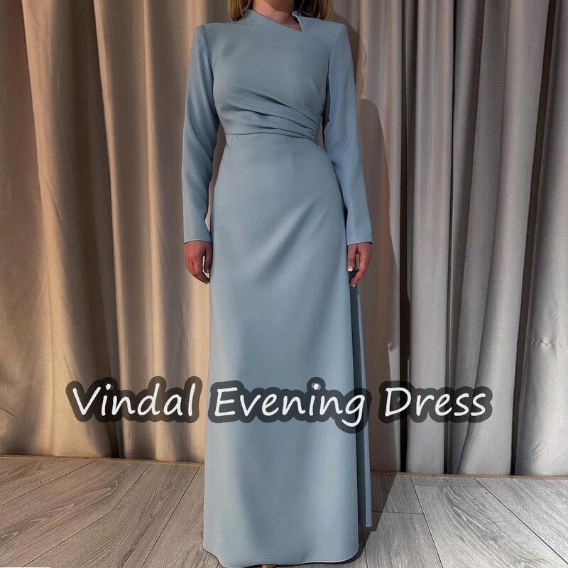 Vindal Ruffle V-neck Floor Length Mermaid Evening Dress Crepe Elegant Built-in Bra Saudi Arabia Long Sleeves For Woman 2024