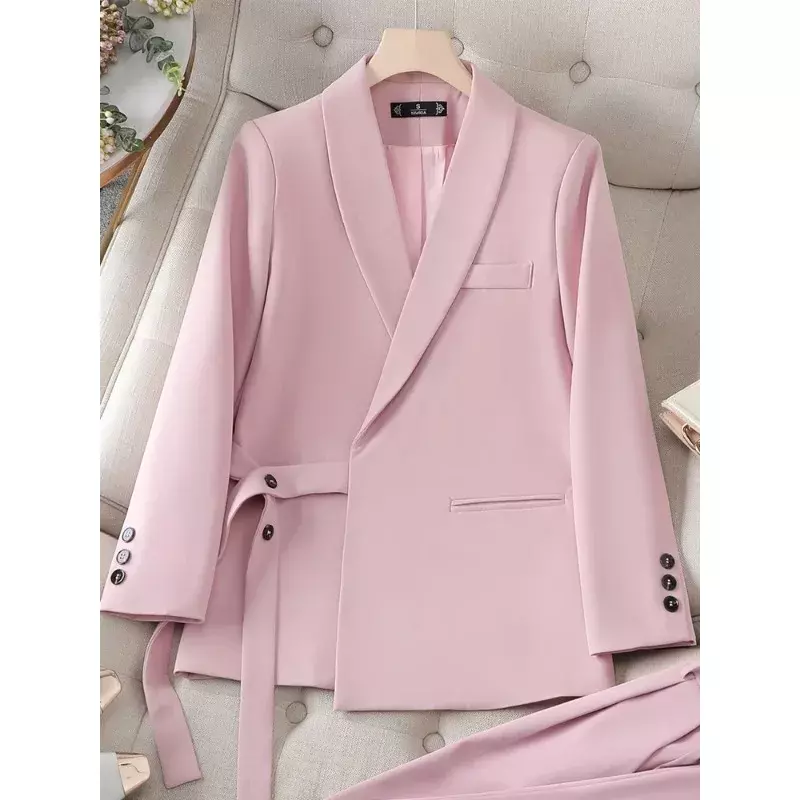 Nowy odzież do pracy damski blezer damski różowy czarny damski długi rękaw solidny kurtka oficjalna płaszcz z paskiem