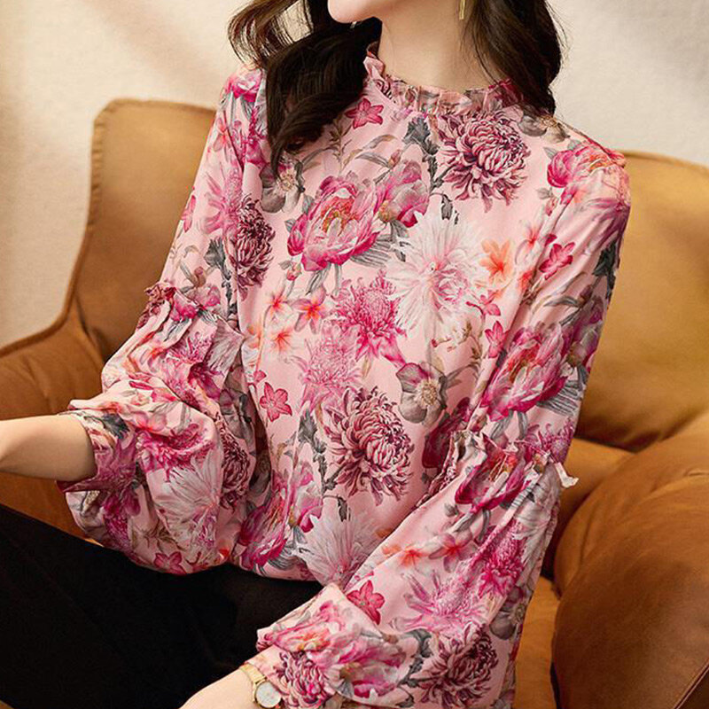 Camisa de gasa con estampado Floral para mujer, blusa elegante de manga larga con volantes, temperamento salvaje, primavera y verano