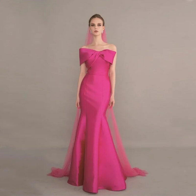 Rose Pink One Shoulder Frauen Abend Party Kleider Rippe Bogen bodenlangen Meerjungfrau Ballkleid neu 2024CL-743