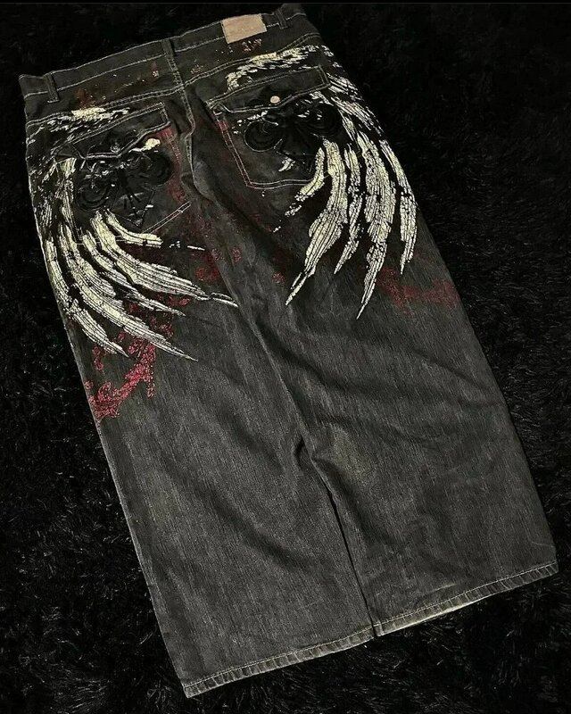 Haft z dużymi skrzydłami JNCO Streetwear Y2K nowe jeansy z lat 90. Czarne workowate dżinsy damskie Harajuku hip-hopowe szerokie spodnie gotyckie