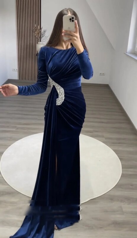 Królewski niebieski aksamit suknia wieczorowa O dekolt z długi z koralikami rękawami syrena suknia na przyjęcie ślubne dubajska arabska celebrytka suknia wieczorowa Plus Size