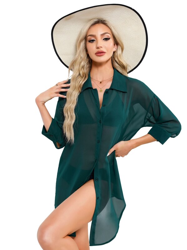 Cher Revie Women's Chiffon Cover Up Button Down Long Sleeve Summer Vacation Outfits