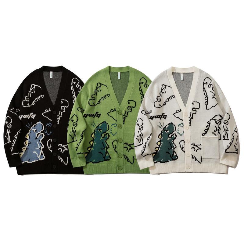 Suéter de pareja Neutral de dinosaurio para hombre, cárdigan de punto, suelto, versátil, estilo Hong Kong, Ins, Otoño e Invierno