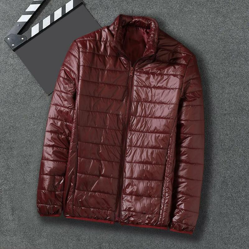 Solid Color Jacket Men Cotton Coat Windproof Men's Winter Cotton Coat with Stand Collar Padded Pockets Soft Zip-up for Neck