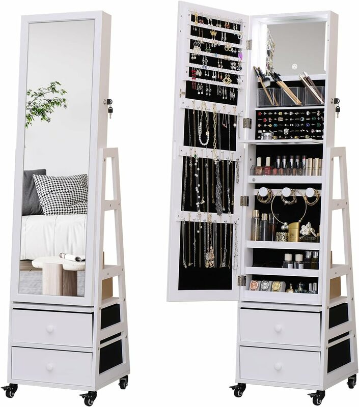 Mirror Jewelry Cabinet with LED Lights Swivel Full Length Storage Organizer Stand Vanity Rotatable Touch Screen