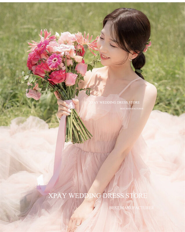 XPAY 프린세스 블러쉬 핑크 소프트 얇은 명주 그물, 한국 웨딩 드레스, 사진 촬영 프릴 플리츠 스파게티 스트랩, 파티 이브닝 무도회 가운