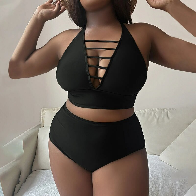 Damen Plus Size Bikini Badeanzüge einfarbig Front riemen rücken frei sexy Bikinis großen Badeanzug schwarz Strand Bade bekleidung neu
