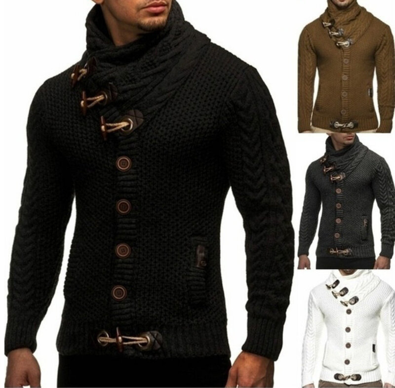 Suéter slim-fit de gola alta masculino, cardigã de peito único, tamanho grande, manga longa, malha, roupa masculina, outono, inverno