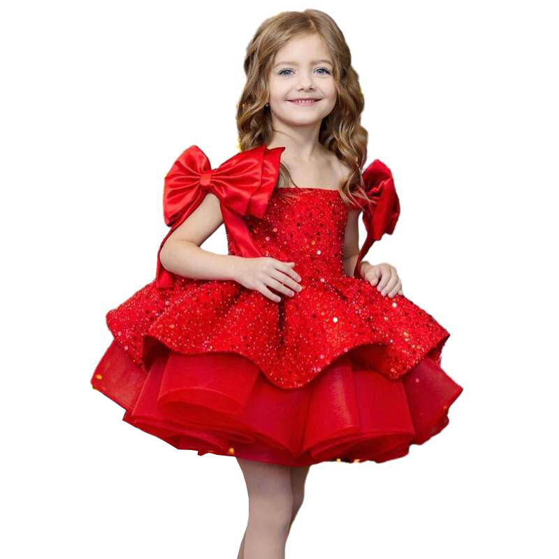 Gaun pesta payet anak perempuan, Gaun A-line Natal Anak perempuan manik-manik merah, Gaun Pesta Tahun Baru Natal