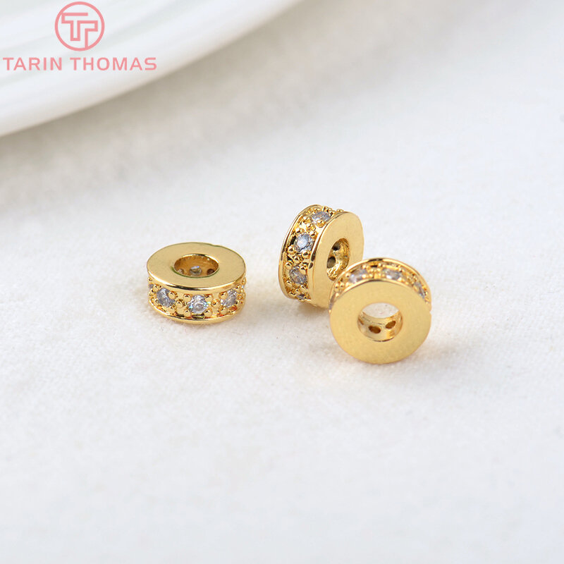 (2915)10PCS 7x3MM Hole 3MM 24K Gold Color Brass with Zircon Round Spacer Beads High Quality Jewelry Making Findings Accessories