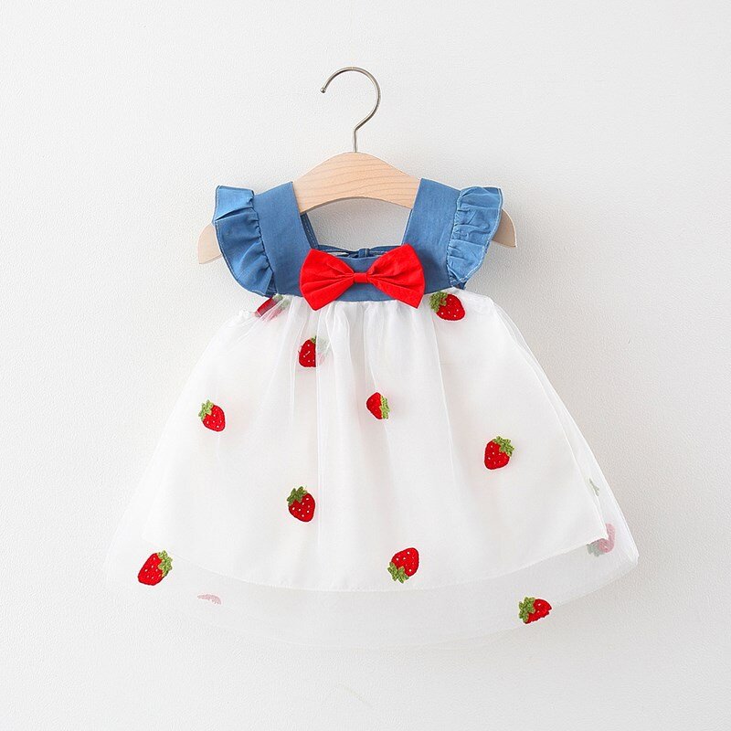 Vestido de princesa bordado de fresa de malla vaquera para niñas, lindo y dulce vestido de fiesta de verano