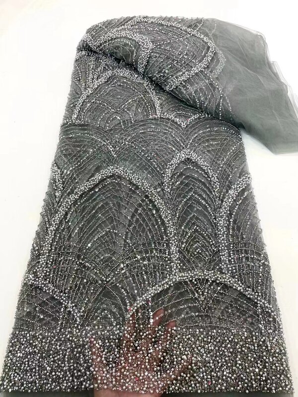 Tecido de renda frisado artesanal para casamento, bordado nigeriano, vestido de noite luxuoso, tule francês, lantejoulas africanas, 5 jardas XC