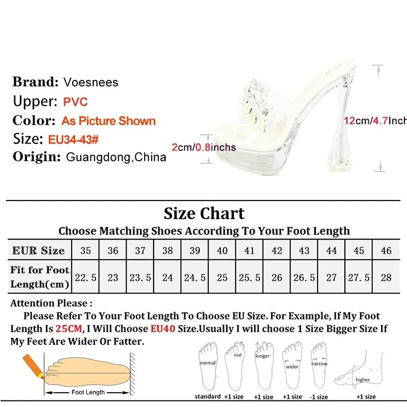 2024 New 12CM High Heel Slippers Club Party Transparent PVC Sandals Clear Platform Summer Women Heels Large Size Crystal Shoes