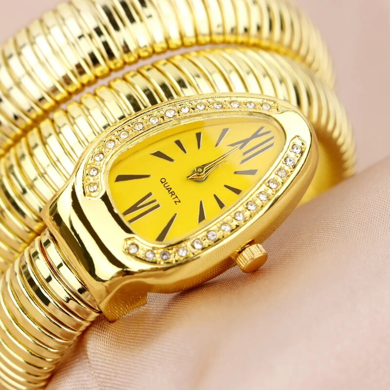 럭셔리 여성용 시계, 뱀 모양 팔찌 손목 시계, 여성용 스틸, 독특한 골드 쿼츠, 숙녀 시계, 여성 시계