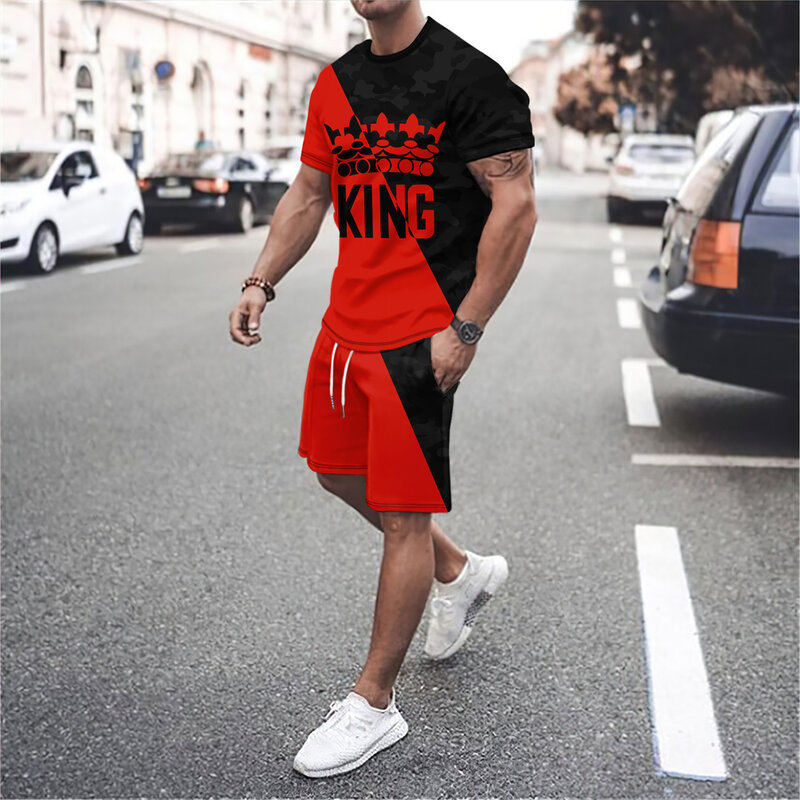 Men's short sleeved round neck T-shirt 2-piece set, casual street clothing, 3D letter line splicing, outdoor sports