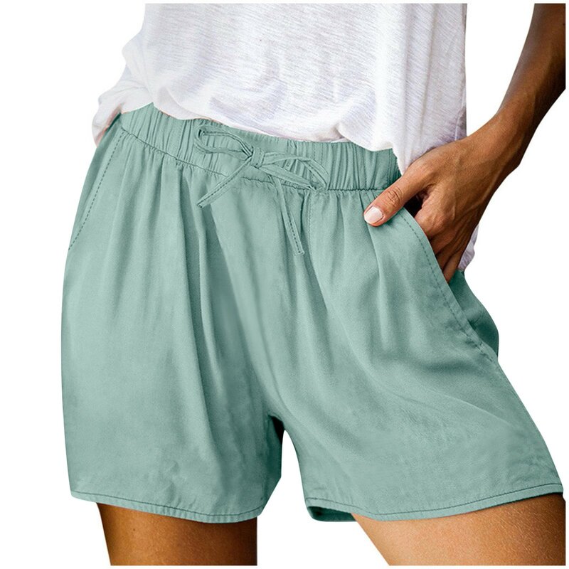 Shorts de linho algodão de cor sólida feminino, elástico na cintura, cordão, versátil, casual, primavera, verão