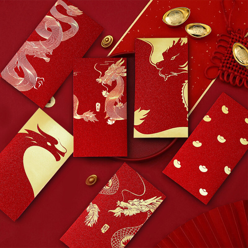 Saco envelope do ano lunar chinês, pacote vermelho, ano do dragão, ano novo, festival da primavera, desenhos animados, 6 peças, 2024