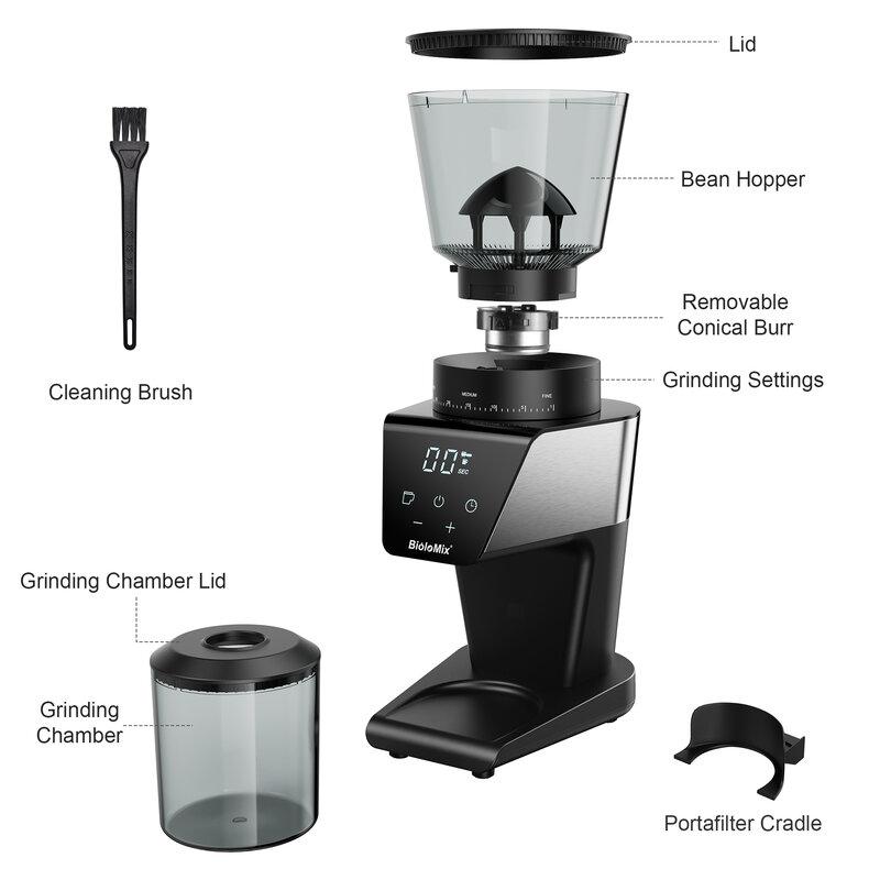 BioloMix-molinillo de café eléctrico automático con 30 engranajes para Espresso, molino de rebabas para café americano, almacenamiento Visual