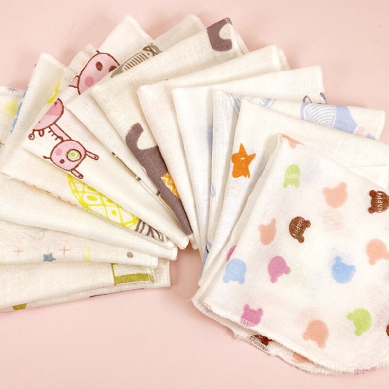 10 Stuks 20x20cm Baby Washandjes Set Leuke Cartoon Print Dubbellaags Gaas Baby Gezicht Handdoek Herbruikbare Doekjes Vierkante